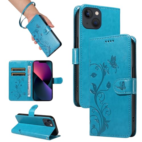SRISHP Hülle für iPhone 13 Hülle, Premium PU Leder Handyhülle mit Band, Magnet Flip Case für iPhone 13, Blau von SRISHP