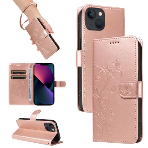 SRISHP Hülle für iPhone 13 Hülle, Premium PU Leder Handyhülle mit Band, Magnet Flip Case für iPhone 13, Rosé Gold von SRISHP