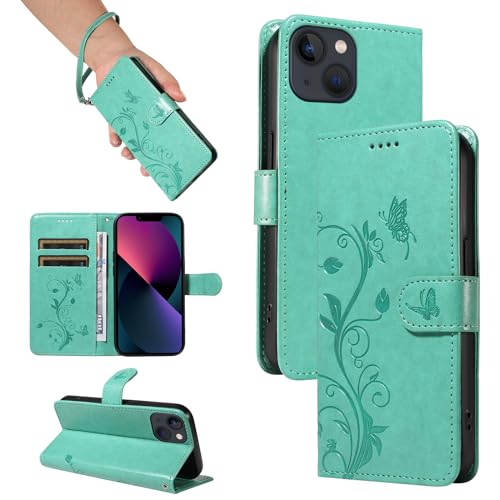 SRISHP Hülle für iPhone 14 Hülle, Premium PU Leder Handyhülle mit Band, Magnet Flip Case für iPhone 14, Grün von SRISHP