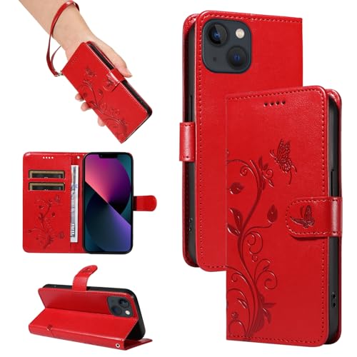 SRISHP Hülle für iPhone 14 Hülle, Premium PU Leder Handyhülle mit Band, Magnet Flip Case für iPhone 14, Rot von SRISHP