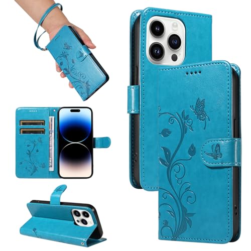 SRISHP Hülle für iPhone 14 Pro Hülle, Premium PU Leder Handyhülle mit Band, Magnet Flip Case für iPhone 14 Pro, Blau von SRISHP