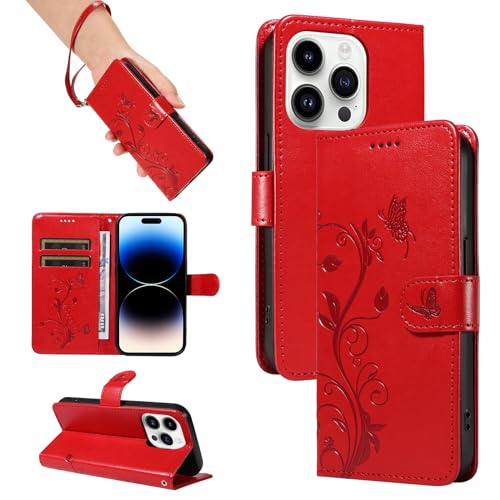 SRISHP Hülle für iPhone 14 Pro Hülle, Premium PU Leder Handyhülle mit Band, Magnet Flip Case für iPhone 14 Pro, Rot von SRISHP