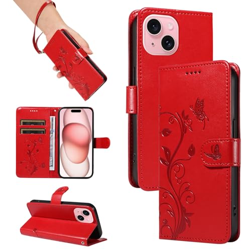 SRISHP Hülle für iPhone 15 Hülle, Premium PU Leder Handyhülle mit Band, Magnet Flip Case für iPhone 15, Rot von SRISHP