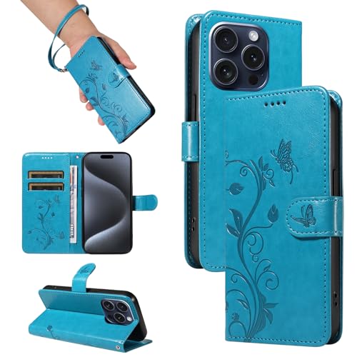 SRISHP Hülle für iPhone 15 Pro Hülle, Premium PU Leder Handyhülle mit Band, Magnet Flip Case für iPhone 15 Pro, Blau von SRISHP