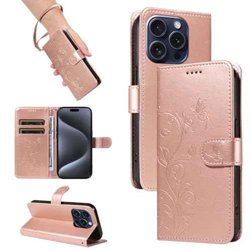 SRISHP Hülle für iPhone 15 Pro Hülle, Premium PU Leder Handyhülle mit Band, Magnet Flip Case für iPhone 15 Pro, Rosé Gold von SRISHP