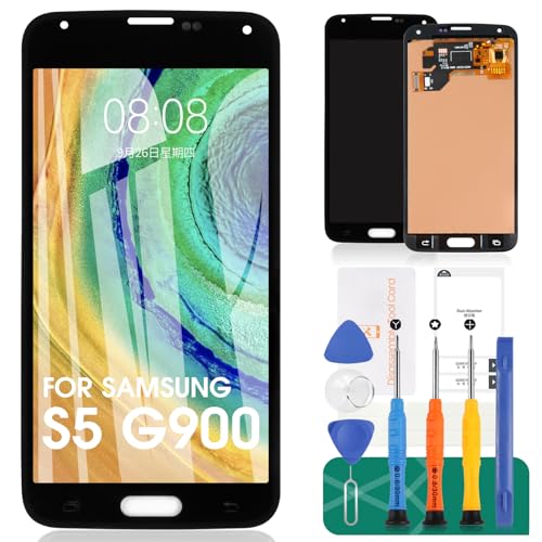 Ersatz-LCD-Bildschirm für Samsung Galaxy S5 G900 G900MD G900A Digitizer-Glas, Montageset, inkl. gehärteter Folie, Kleber und Werkzeuge (schwarz) von SRJTEK