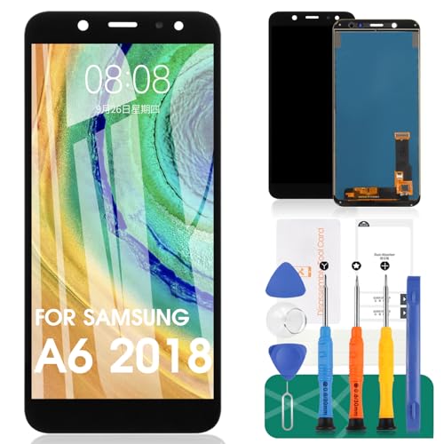 Ersatzglas für Samsung Galaxy A6 2018 A600 A600F/DS A600FN A600G/DS A600FN/DS LCD-Display-Ersatz-Digitizer-Glas-Montagesets, inklusive gehärteter Folie, Kleber und Werkzeug, schwarz von SRJTEK