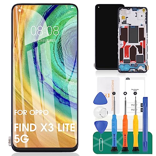 Für Oppo Find X3 Lite 5G Bildschirm Ersatz für Oppo Find X3 Lite 5G LCD Display CPH2145 Touch Digitizer Kits mit Rahmen (Schwarz, Keine Fingerabdruck-Erkennung) von SRJTEK