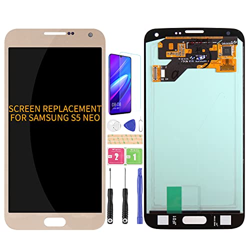 Für Samsung Galaxy S5 Neo G903 Bildschirm Ersatz SM-G903F, SM-G903W, SM-G903M LCD Display Touch Panel Sensor Digitizer (AMOLED Gold ohne Rahmen) von SRJTEK