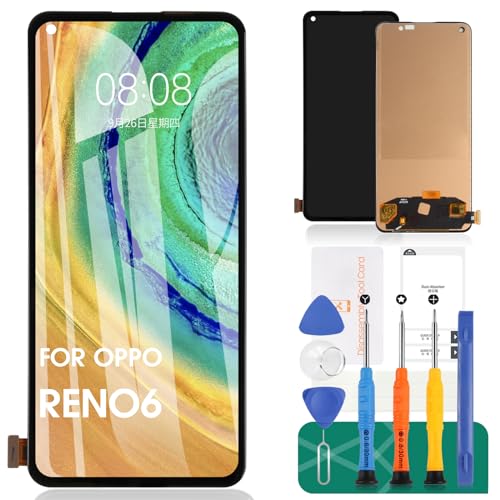 OLED für Oppo Reno6 LCD Display für Oppo Reno 6 Bildschirm Ersatz für Oppo Reno6 4G/5G Touchscreen Digitizer ohne Rahmen (Schwarz, mit Fingerabdruckerkennung) von SRJTEK