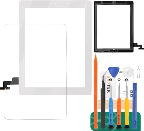 SRJTEK Bildschirm-Ersatz für iPad 2 A1395 A1396 A1397 Touchscreen-Digitizer-Glas-Montagesets (kein LCD-Bildschirm), Home-Taste + Kamerahalterung + vorinstallierter Kleber mittlere Rahmenblende (weiß) von SRJTEK