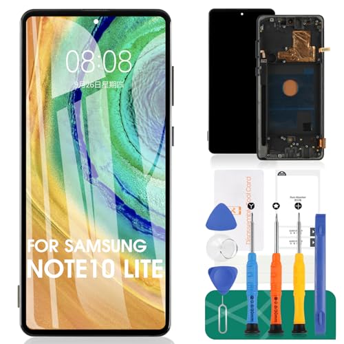 SRJTEK OLED Display für Samsung Galaxy Note 10 Lite LCD Display Ersatz SM-N770F Touchscreen Digitizer Reparaturset mit Rahmen (schwarz, mit Fingerabdruckerkennung) von SRJTEK