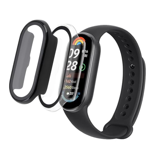2 Stück Hülle für Xiaomi Smart Band 9NFC Rundum PC Schutzhülle mit Displayschutz Kompatibel mit Xiaomi Mi Band 9 NFC Vollschutz Kratzfest PC Case mit Schutzfolie Glas, Schwarz + Transparent von SRLWMYI