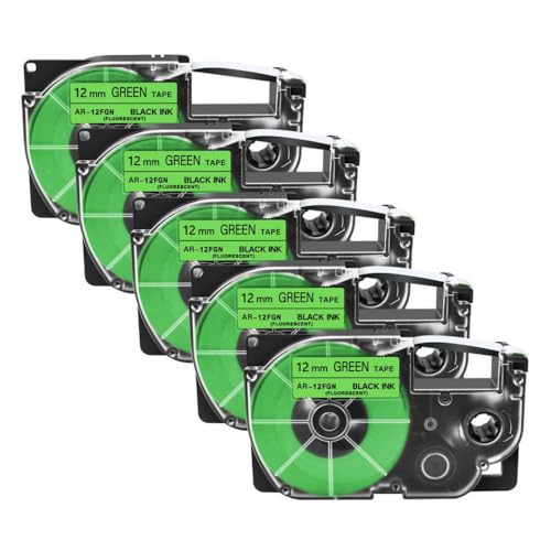 SRxBKC 5PK XR-12x XR-12WE-Bezeichnungen kompatible Etikettenhersteller mit 12-mm-Bandpatronen, die Kompatibel mit KL-130 KL-120 430-Modelle geeignet sind(5PK Black on FluoGN) von SRxBKC