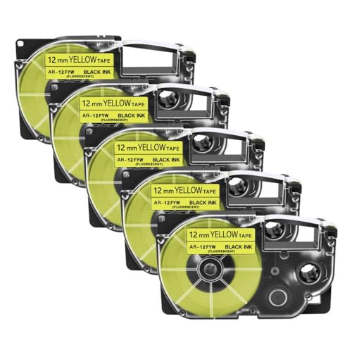 SRxBKC 5PK XR-12x XR-12WE-Bezeichnungen kompatible Etikettenhersteller mit 12-mm-Bandpatronen, die Kompatibel mit KL-130 KL-120 430-Modelle geeignet sind(5PK Black on FluoYW) von SRxBKC