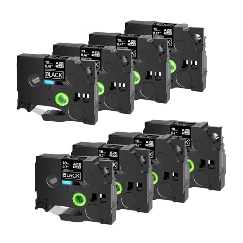 SRxBKC 8 Packetikettbänder Kompatibel mit TZ 335 TZ 345 TZ 325 TZ 355 Weiß auf schwarzer 12 mm und 18 mm Kompatibel mit Etikettdrucker H100 E500 350(12 and 18mm) von SRxBKC