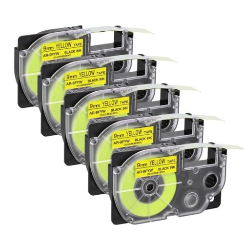 SRxBKC Fluorescent Schwarz auf grünes Etikettband 5 Pack 9-12mm kompatibel mit Etikettendruckern KL-60 KL-120 und Models XR-12FPK XR-12FYW XR-12FGN(Black on Fluo Yellow) von SRxBKC