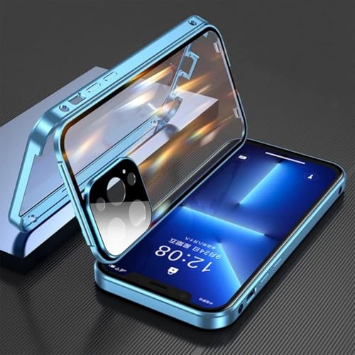 SSASMEU 360 ° Vollschutz Metall Magnetische doppelseitige Glas-Schnappverschlusshülle für iPhone 15 14 Pro Max 16 Pro Plus 13 12 11 Stoßstangenabdeckung, Blau, Für iPhone 14 ProMax von SSASMEU