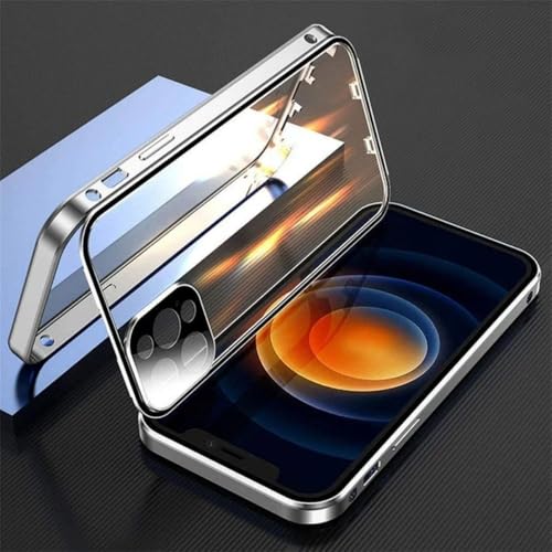 SSASMEU 360 ° Vollschutz Metall Magnetische doppelseitige Glas-Schnappverschlusshülle für iPhone 15 14 Pro Max 16 Pro Plus 13 12 11 Stoßstangenabdeckung, Silbern, Für iPhone 11 ProMax von SSASMEU
