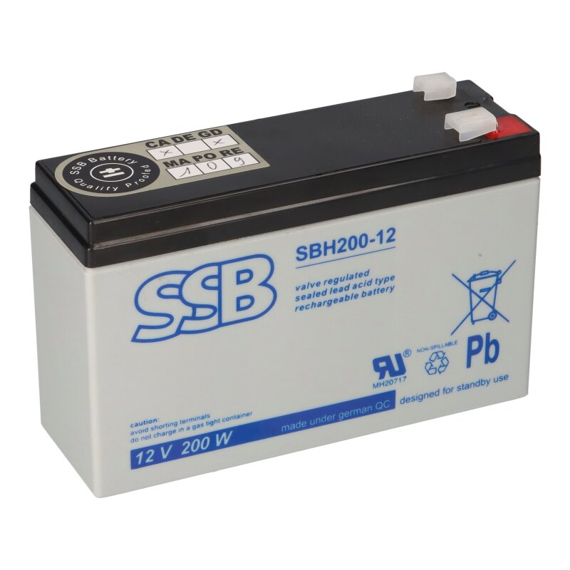SSB Blei Akku SBH 200-12 AGM Batterie 4,8mm/6,3mm Faston - 12V 4,6Ah 171W SSB Blei Akku SBH 200-12 AGM Batterie 4,8mm/6,3mm Faston - 12V 4,6Ah 171W von SSB Battery