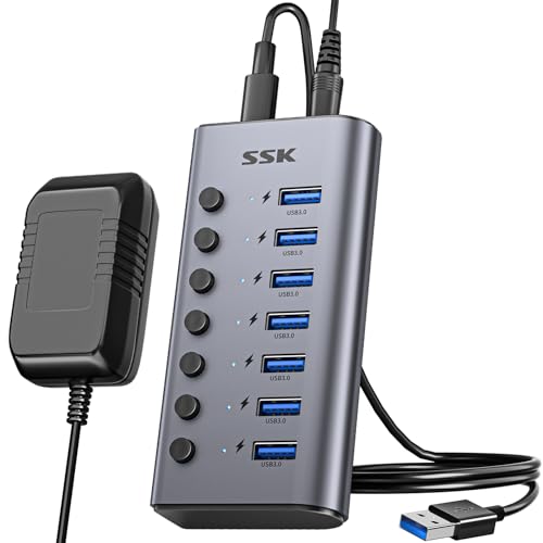 SSK 36W 7-Port USB Hub Aktiv 3.0 mit Netzteil,Aluminium USB Extension Splitter mit individuellen Power-Schaltern und LEDs,für Thunderbolt 3/4 5Gbps Powered USB 3.0 Hub mit DC12V3A Adapter 3.93ft Kabel von SSK