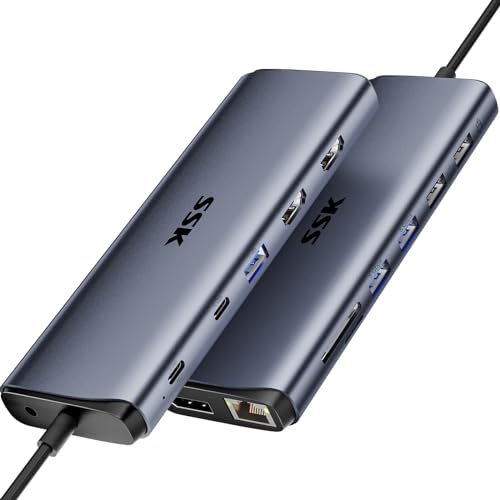 SSK 8K USB C Dock für Thunderbolt 4, MacBook Dockingstation 3 Monitore, 10 Gbit/s USB C Hub Dual HDMI, Displayport, Ethernet, 100 W PD, Mikrofon/Audio, USB C&A 3.2 Gen 2 Port für iPhone 15/Mac/Laptop von SSK