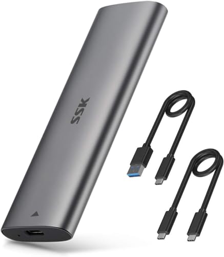 SSK Aluminium M.2 auf USB NVMe SATA SSD Gehäuse, werkzeugloser USB 3.2 Gen 2 10 Gbit/s NVMe PCI-E 6 Gbit/s SATA M-Key / B+M Key SSD externer Adapter mit UASP-Trim, für SSDs 2242 2260 2280 von SSK
