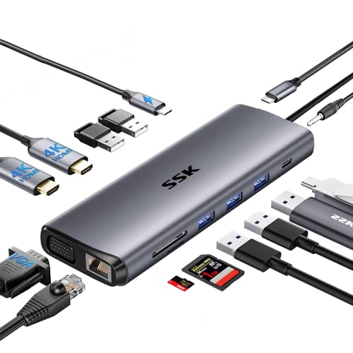 SSK Dual 4K HDMI to USB C Laptop Docking Station,14 in 1 USB C Hub Multiport Adapter mit 2 HDMI,VGA,RJ45 Ethernet,5 USBA,1 USB C 3.1 Data Port, SD/TF,PD3.0 Für Thunderbolt MacBook Pro Lenovo Dell HP von SSK