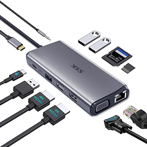 SSK Laptop USB C Dockingstation Dual Monitor,HDMI 4K/60Hz Multiport Adapter 11 in 1 Type C Hub, Thunderbolt Dock Triple Display mit 2 HDMI+VGA,RJ45 Ethernet,100W PD,3 USB für MacBook,Dell und mehr von SSK