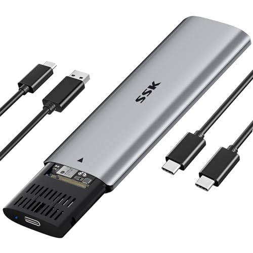 SSK M.2 NVME SSD Gehäuse Adapter, RTL9210B Chips USB C 3.1/3.2 Gen 2 10 Gbit/s PCIe, 6 Gbit/s M Key/(B+M) Key, SSD-Gehäuseunterstützung UASP Trim für 2242/2260/2280 von SSK