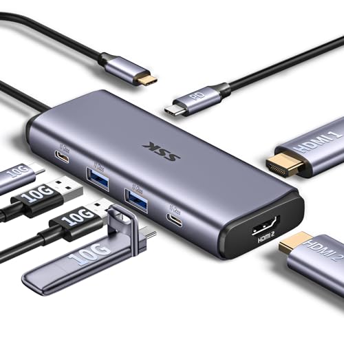 SSK Powered USB Hub 3.2 𝟭𝟬𝗚𝗕𝗣𝗦 7 Port USB C Adapter mit Dual 𝟰𝗞 HDMI,2 USB A&2 USB C 3.2 Gen 2 Data Ports Hub,100W PD Charging USB Hub für iPad,MacBook Pro/Air,Flash Drive,iPhone 15,Laptops von SSK