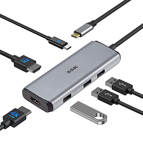 SSK USB 3.0 Docking Station,6 in 1 Dual 4K HDMI USB C Hub Adapter mit PD 3.0 100W Schnellladung,3 USBs, Universal 4k HDMI Monitoradapter für Thunderbolt 3 Geräten MacBook Chromebook Pixel Laptops von SSK