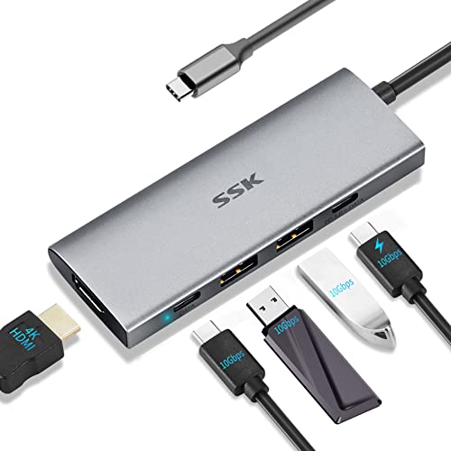 SSK USB C 3.2 Gen2 Hub 10Gb/s, 5-in-1 SuperSpeed Typ C Multiport Adapter mit 2 USB C (1 PD3.0 Powered), 2 USB A 3.1/3.2 Gen2 10 Gbps, 4K HDMI USB C Dock für iMac/MacBook/Pro/Air/Surface Pro und mehr von SSK