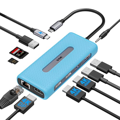 SSK USB C Docking station Dual Monitor, Triple Display USB C Hub, 11 in 1 Mutiport Adapter mit 3*4K HDMI,Displayport,RJ45 Ethernet,3*USB,100W PD,SD/TF,Audio/Mic,USB C Dock für MacBook/Dell/HP/Lenovo von SSK