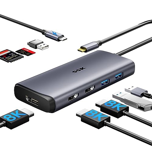 SSK USB C Dockingstation 3 Monitore, 9 in 1 Single 8K/Dual 4K60Hz USB C Hub DisplayPort Dock mit 2 HDMI-Anschlüssen, Displayport, 100 W PD, 3 USBs, SD/TF, Laptop Dockingstation für MacBook Pro HP von SSK