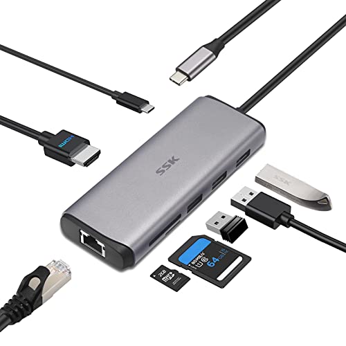 SSK USB C-Hub, 8-in-1-Typ C-Multiport-Adapter mit 4K HDMI, SD/TF-Kartenleser, PD3.0- und RJ45-Ethernet-USB-Dock für MacBook/Pro/Air und weitere Typ C-Geräte von SSK