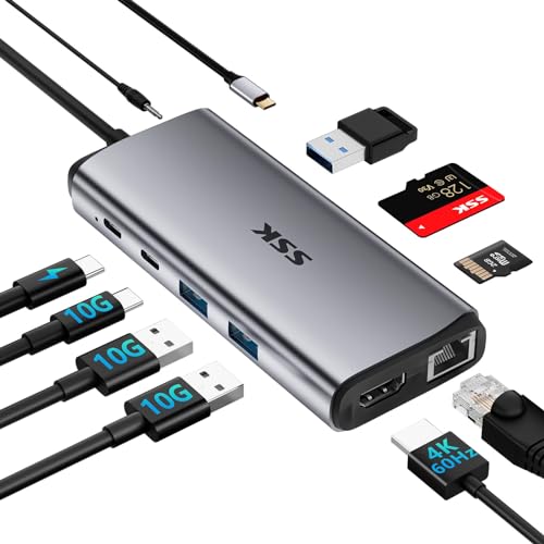 SSK USB C Hub Ethernet (10 in 1), 10 Gbit/s USB C Splitter Multiport-Adapter mit 4K60 Hz HDMI, 10 Gbit/s USB C und 2 USBA, 100 W PD, Ethernet, SD/TF USB3.2 Gen 2 Thunderbolt Dock für MacBook Pro HP von SSK