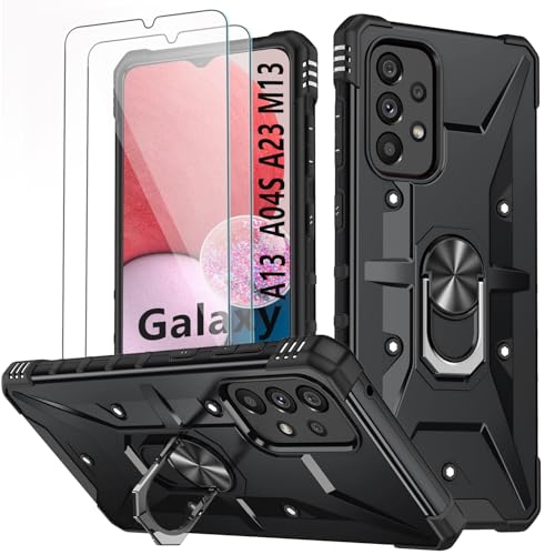 Hülle für Samsung Galaxy A13 4G/5G / A04S / A23 / M13 Mit 2 Stück Schutzfolie & Metall Ring Ständer Schutzhülle Handyhülle Stoßfest Bumper Cover Silikon Case - Schwarz Hülle für Samsung Galaxy A13 4G/5G / A04S / A23 / M13 Mit 2 Stück Schutzfolie & Metall Ring Ständer Schutzhülle Handyhülle Stoßfest Bumper Cover Silikon Case - Schwarz von SSUIS