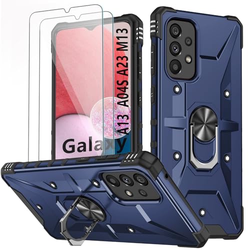 Hülle für Samsung Galaxy A13 4G/5G / A04S / A23 / M13 Mit 2 Stück Schutzfolie & Metall Ring Ständer - Schutzhülle Handyhülle Stoßfest Bumper Cover Silikon - Blau Hülle für Samsung Galaxy A13 4G/5G / A04S / A23 / M13 Mit 2 Stück Schutzfolie & Metall Ring Ständer - Schutzhülle Handyhülle Stoßfest Bumper Cover Silikon - Blau von SSUIS