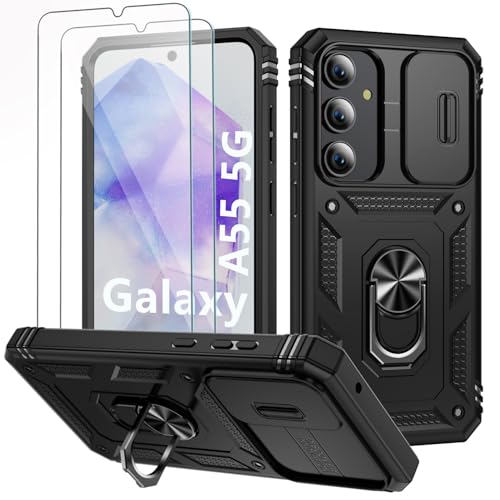 Hülle für Samsung Galaxy A55 5G mit 2 Stück Schutzfolie & Kameraschutz Slide Camera Metall Ring Ständer Schutzhülle für Samsung A55 Handyhülle Stoßfest Silikon Cover für Galaxy A55 Bumper Schwarz Hülle für Samsung Galaxy A55 5G mit 2 Stück Schutzfolie & Kameraschutz Slide Camera Metall Ring Ständer Schutzhülle für Samsung A55 Handyhülle Stoßfest Silikon Cover für Galaxy A55 Bumper Schwarz von SSUIS