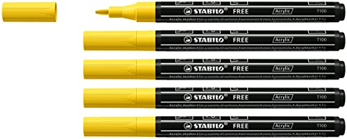 Acrylmarker - STABILO FREE Acrylic - T100 Rundspitze 1-2mm - 5er Pack - gelb von STABILO