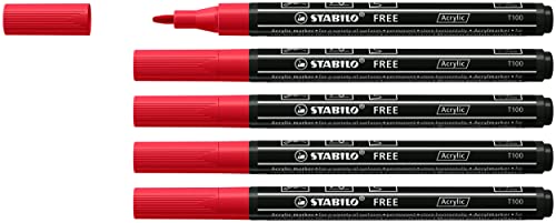 Acrylmarker - STABILO FREE Acrylic - T100 Rundspitze 1-2mm - 5er Pack - karmin von STABILO