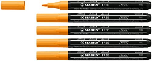 STABILO - Acrylmarker - FREE Acrylic - T100 Rundspitze 1-2mm - 5er Pack -orange von STABILO