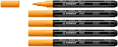Acrylmarker - STABILO FREE Acrylic - T100 Rundspitze 1-2mm - 5er Pack -orange von STABILO