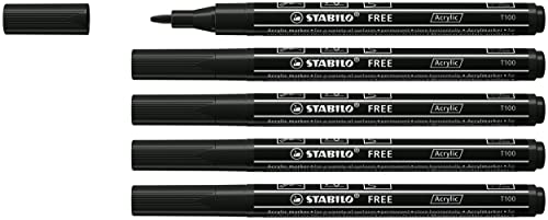 Acrylmarker - STABILO FREE Acrylic - T100 Rundspitze 1-2mm - 5er Pack - schwarz von STABILO