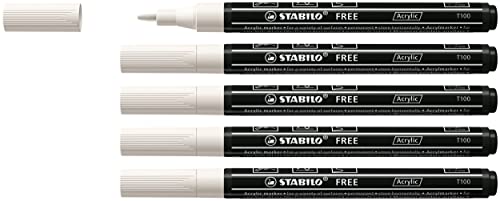 Acrylmarker - STABILO FREE Acrylic - T100 Rundspitze 1-2mm - 5er Pack - weiß von STABILO