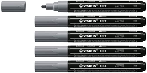 Acrylmarker - STABILO FREE Acrylic - T300 Rundspitze 2-3mm - 5er Pack - dunkelgrau von STABILO