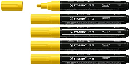 Acrylmarker - STABILO FREE Acrylic - T300 Rundspitze 2-3mm - 5er Pack - gelb von STABILO