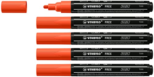 Acrylmarker - STABILO FREE Acrylic - T300 Rundspitze 2-3mm - 5er Pack - hellrot von STABILO