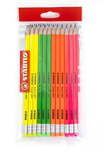 Bleistift mit Radierer - STABILO Swano 4907 - neonfarbener Schaft - 12er Pack - Härtegrad HB von STABILO